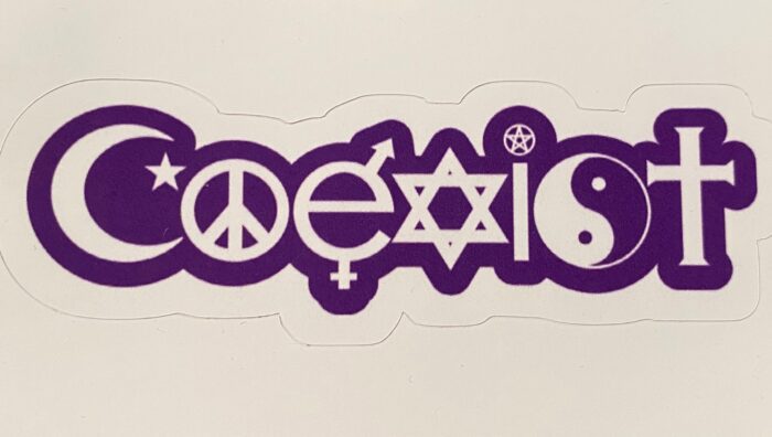 A purple sticker with the word " coexist ".