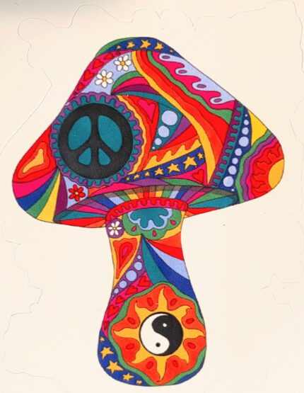 A colorful mushroom with peace sign and yin yang on it.