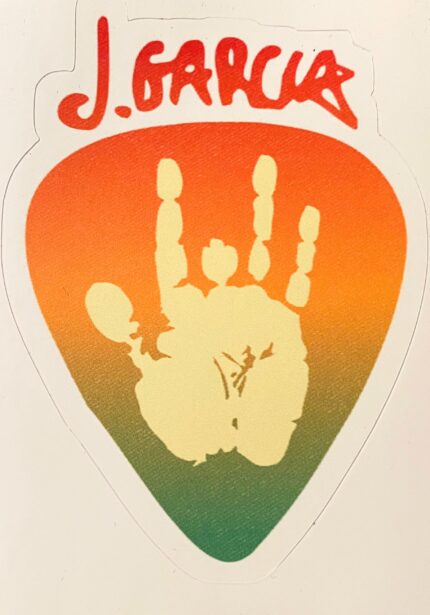 A sticker of a hand print on the side of a guitar pick.