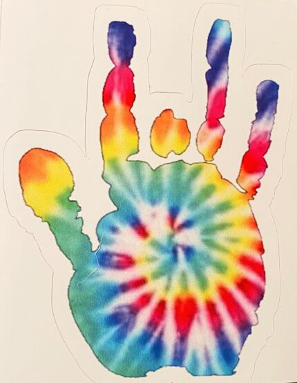 A hand print with the colors of a tie dye.