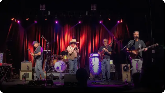 A group of people on stage playing instruments.