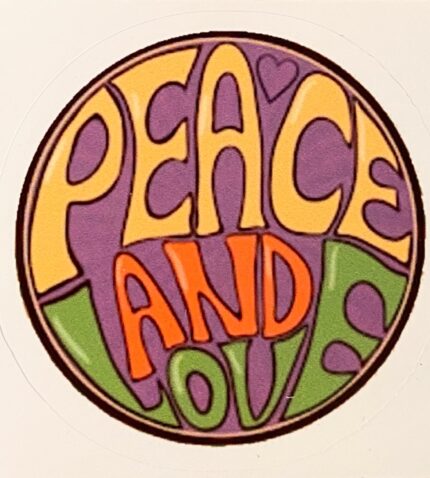 A peace and love sign with hearts on it.