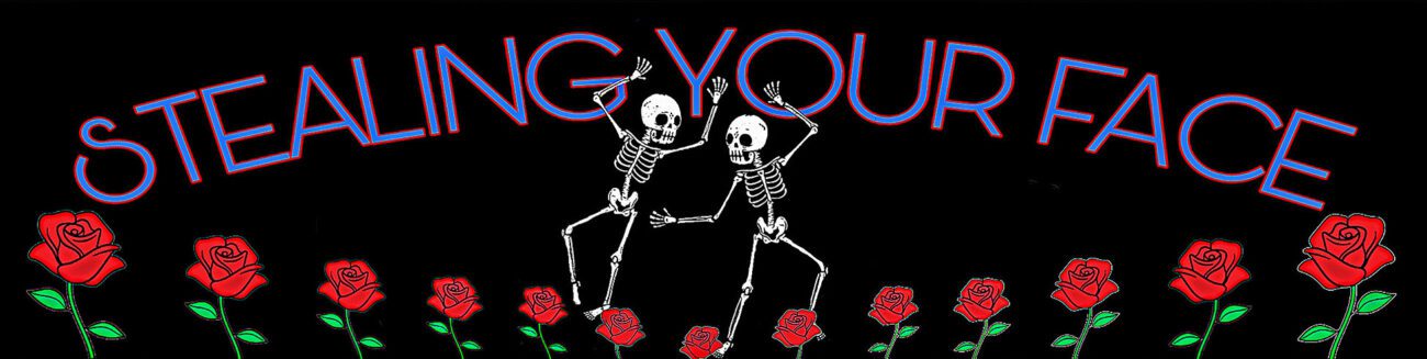 Two skeletons stealing your face with roses.