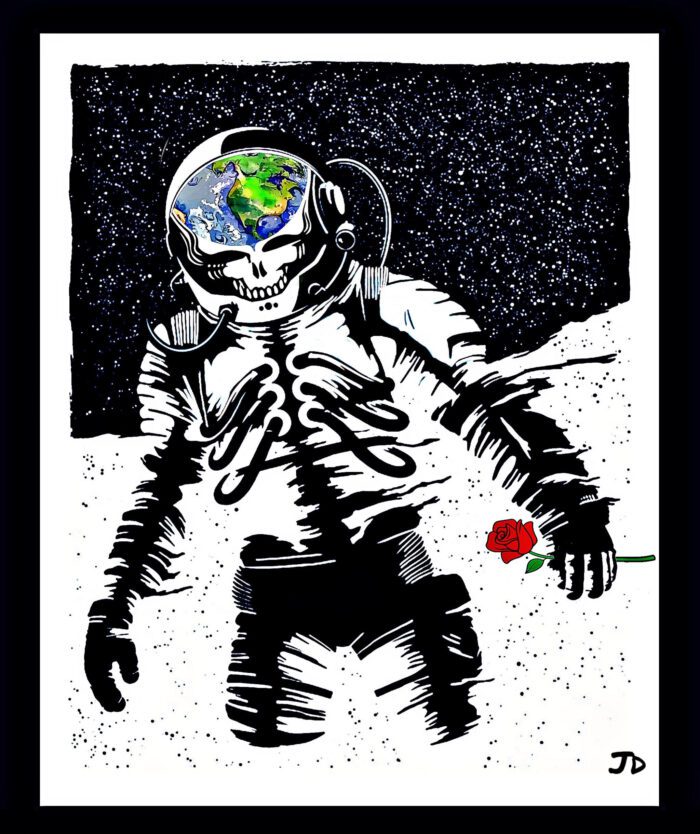 Astronaut holding a rose in space.