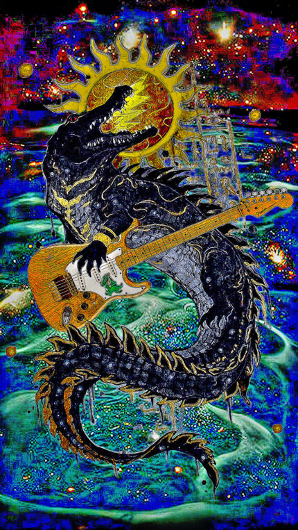 A guitar-playing dragon in space.