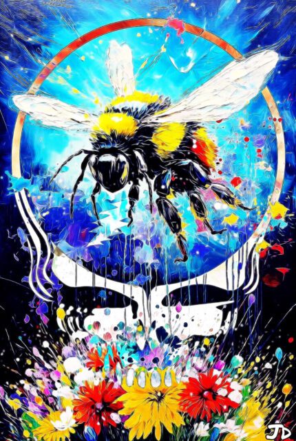 Bumblebee with flowers and a skull.