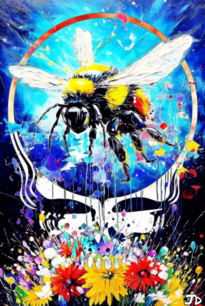 Bumblebee with flowers and a skull.