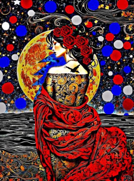 Woman in red with roses and moon.