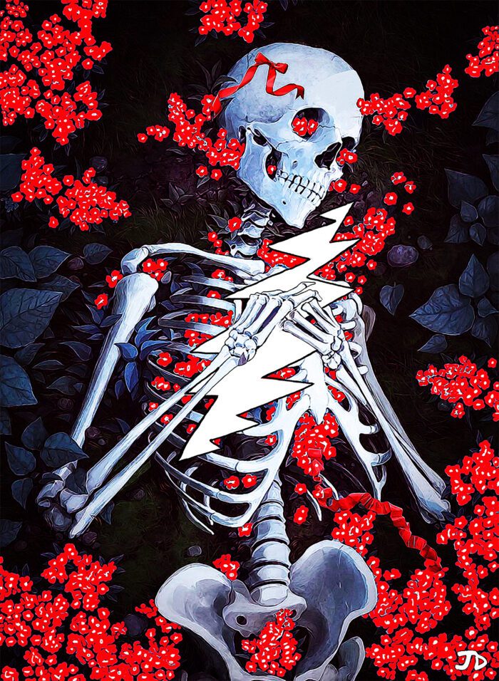 Skeleton with red flowers and lightning bolt.