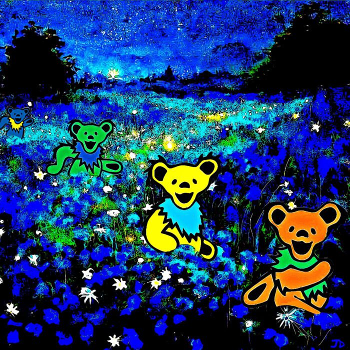 Grateful Dead bears in a field of flowers.