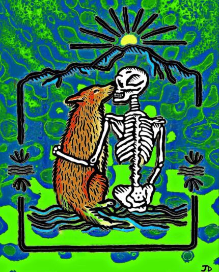 Skeleton and wolf embrace in green water.