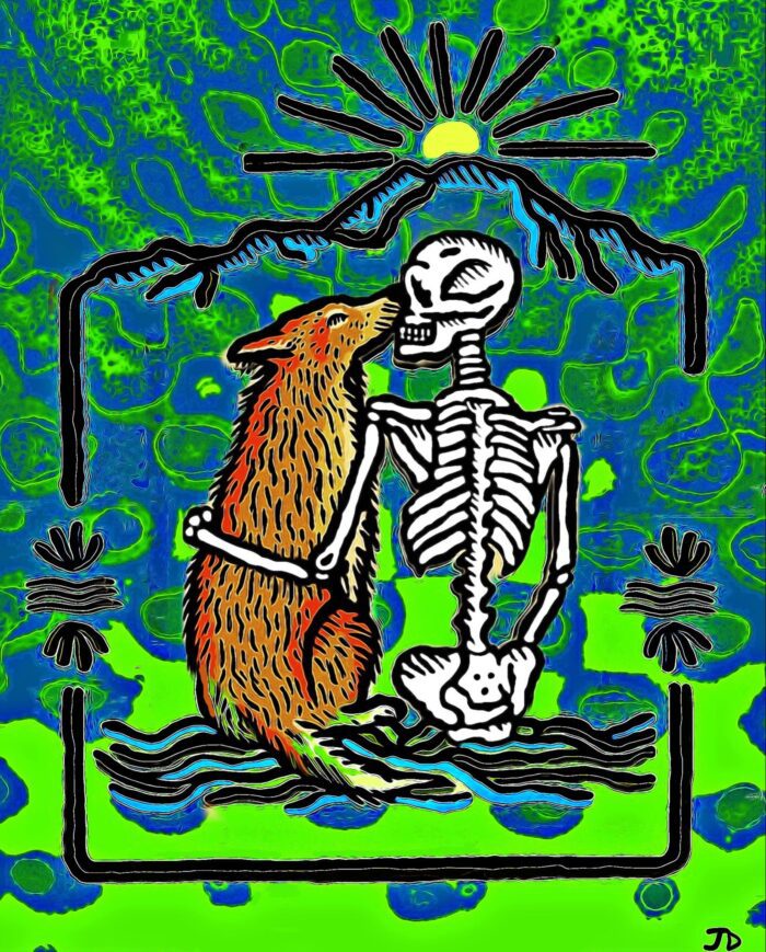 Skeleton and wolf embrace in green water.