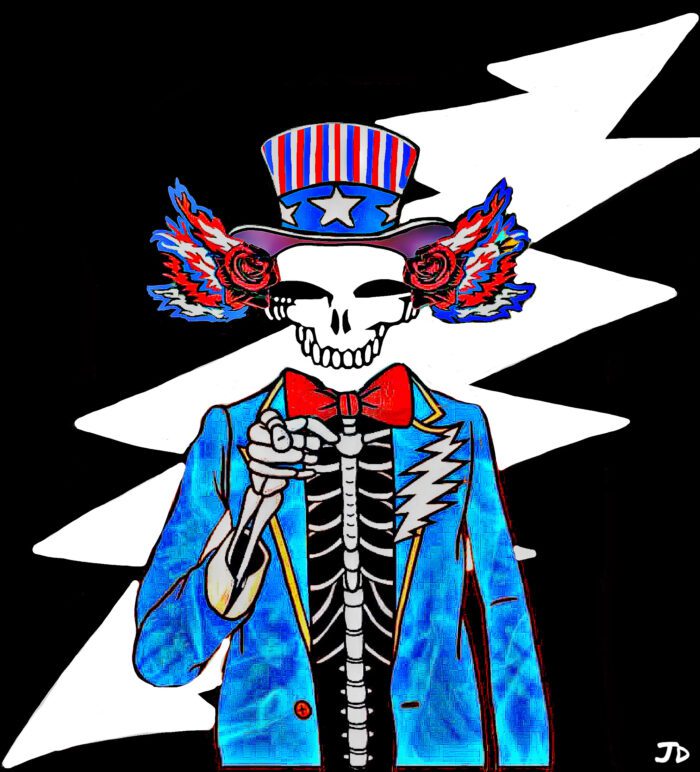 Skeleton in Uncle Sam suit pointing.