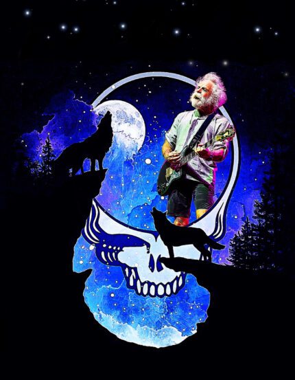 Jerry Garcia with wolves and a skull