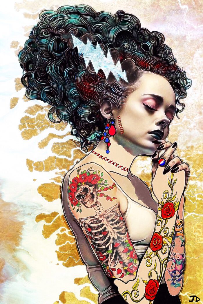 Tattooed woman with Frankenstein hair.