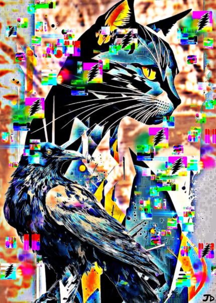 Abstract digital art of a cat and raven.