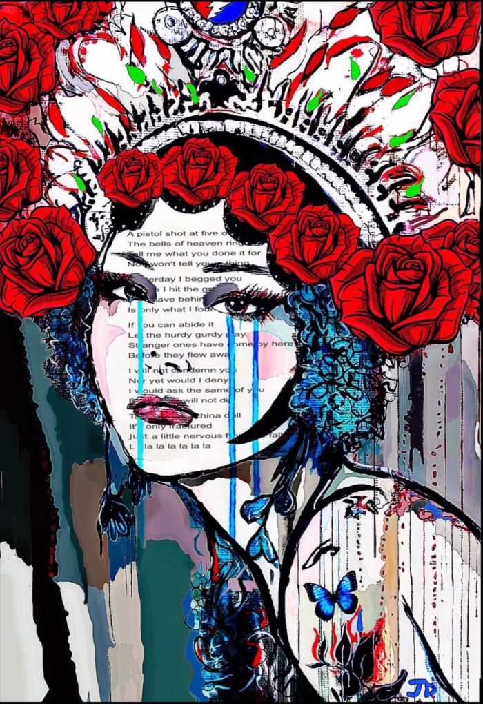 Abstract portrait with red roses and blue butterfly.