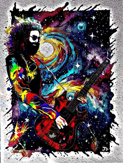 Guitarist in a cosmic space scene.