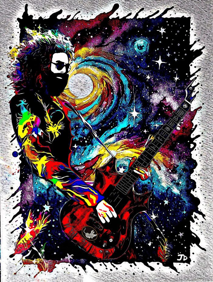 Guitarist in a cosmic space scene.