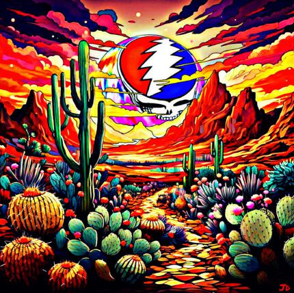 Cactus desert landscape with Grateful Dead logo.