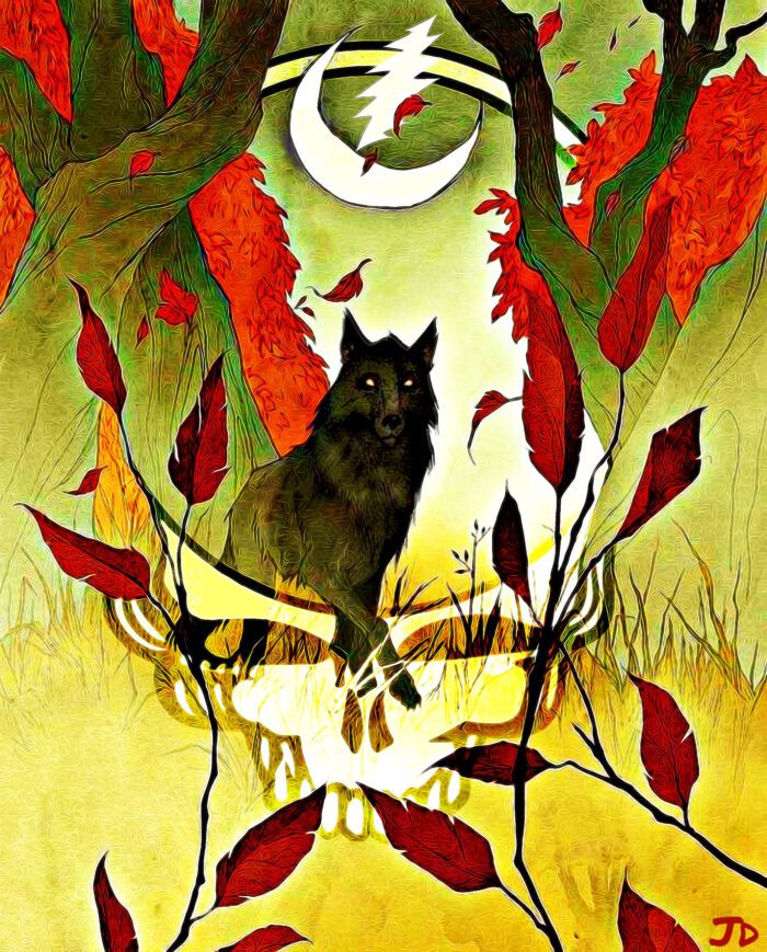 Wolf in a forest with a crescent moon.