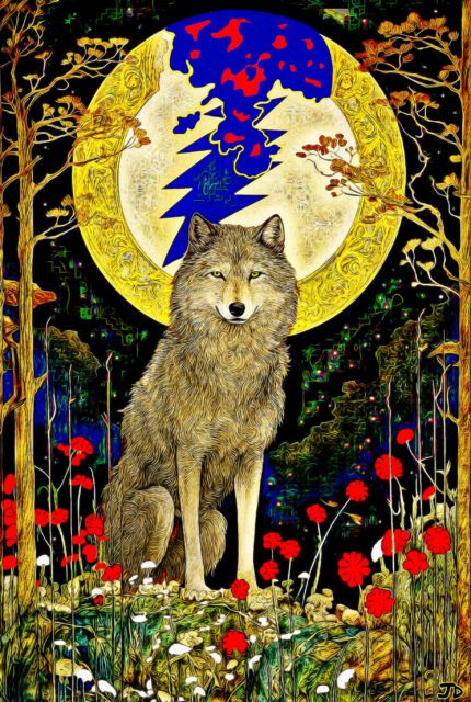 Wolf under a glowing moon with flowers.