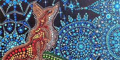 Dot painting of a fox in a forest.