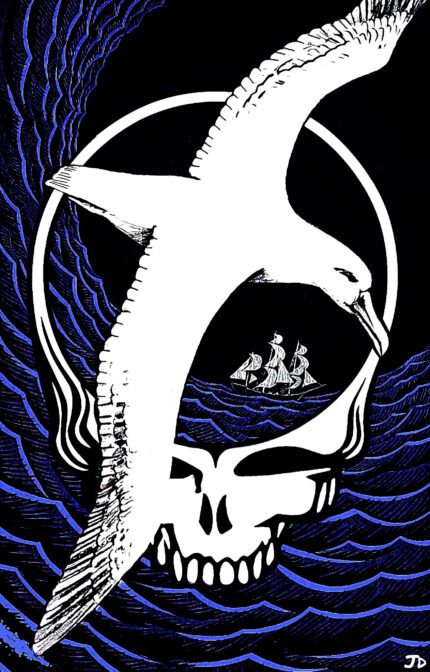 Seabird flies over skull with ship.