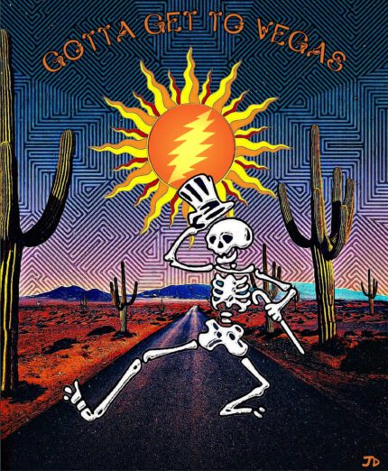 Skeleton walking towards Vegas sunset.