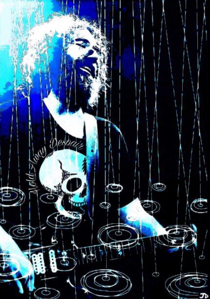 Blue and white digital art of a musician.