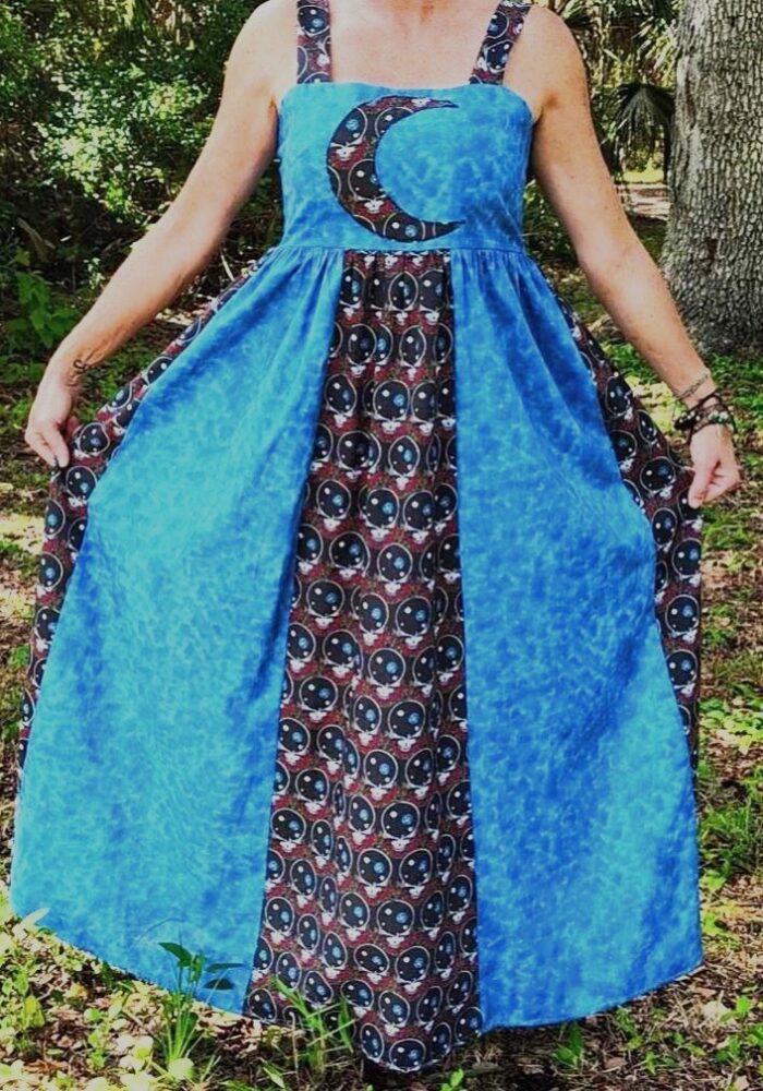 Blue and black patterned maxi dress with crescent moon.