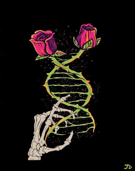 Skeleton hand holding a rose DNA strand.