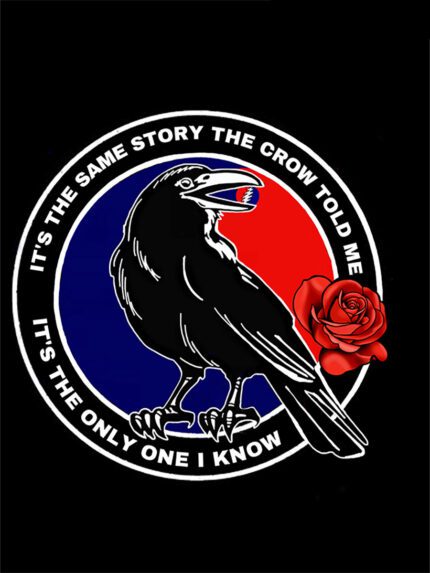 Crow with rose and quote about the story.