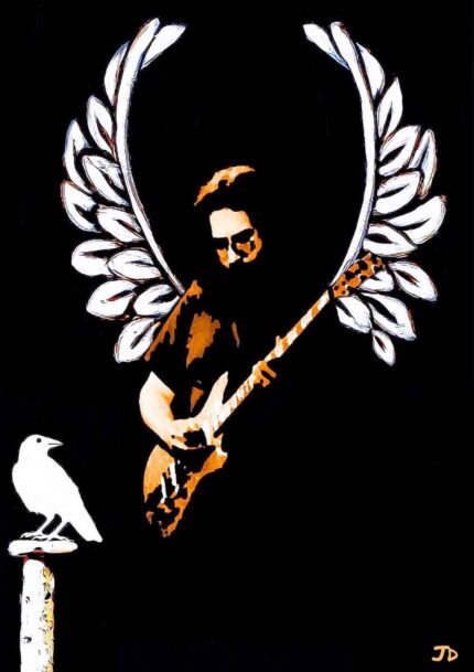 Silhouette of a man playing guitar with wings.