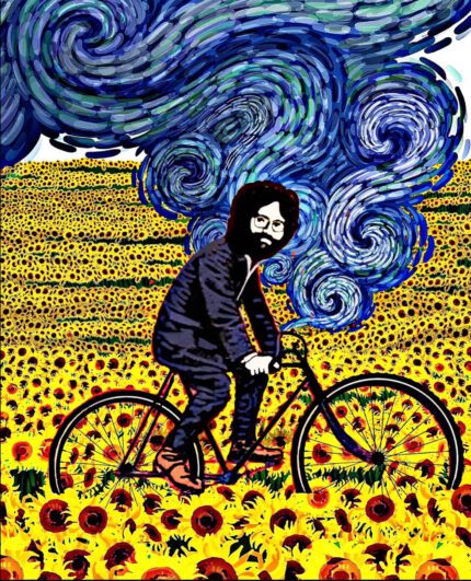 Man cycling through a field of sunflowers.