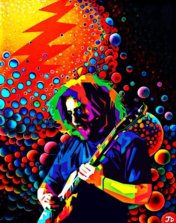 Colorful portrait of Jerry Garcia playing guitar.