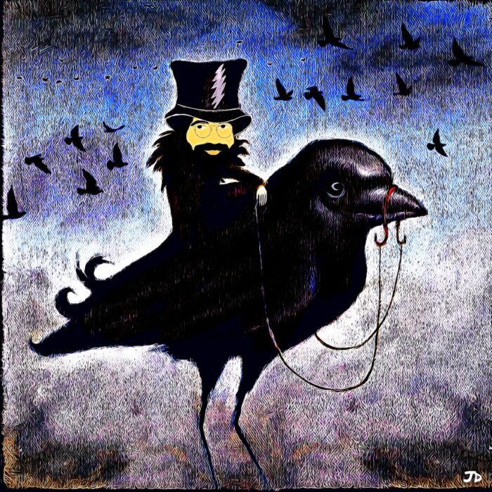 Man in top hat riding a crow.