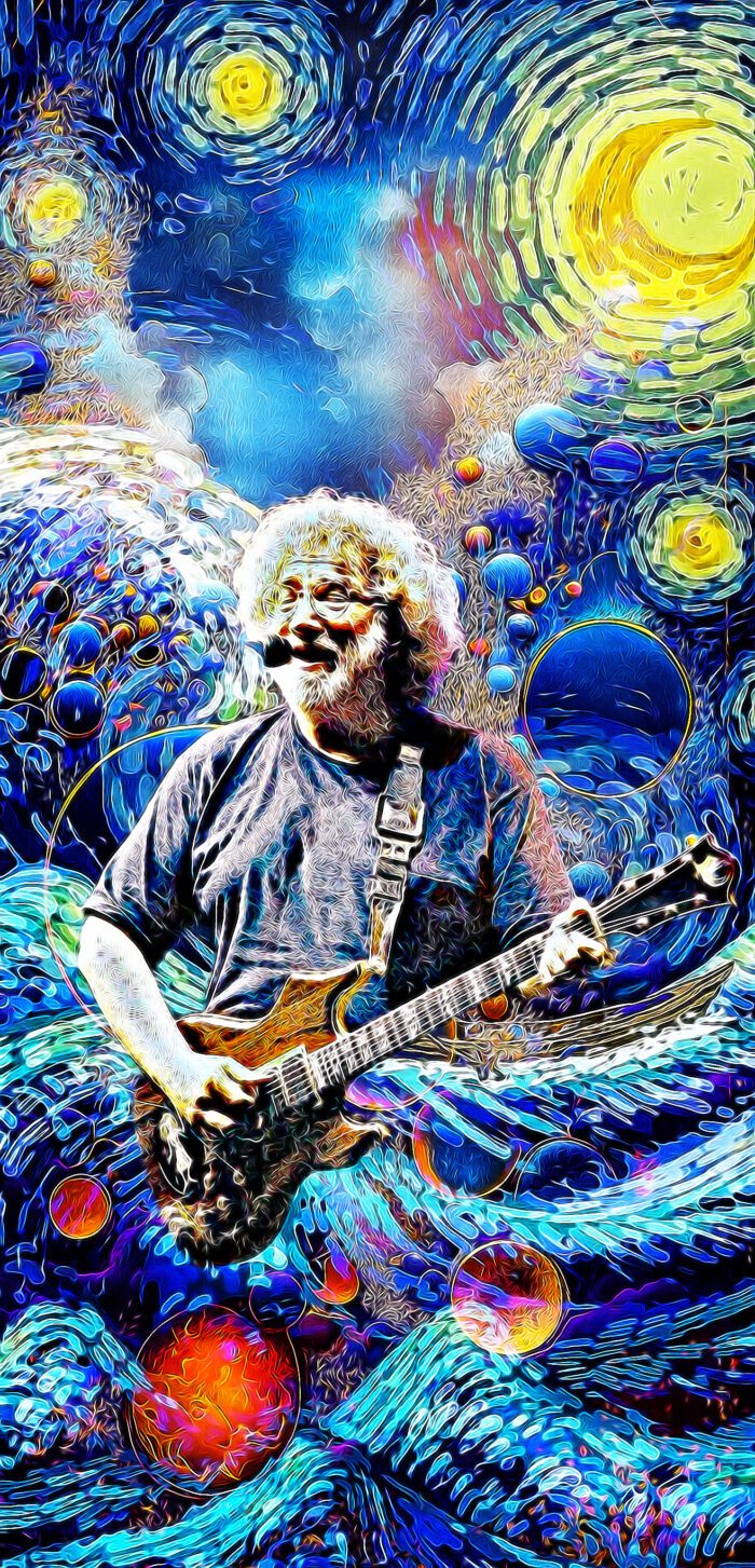 Jerry Garcia playing guitar in starry night.