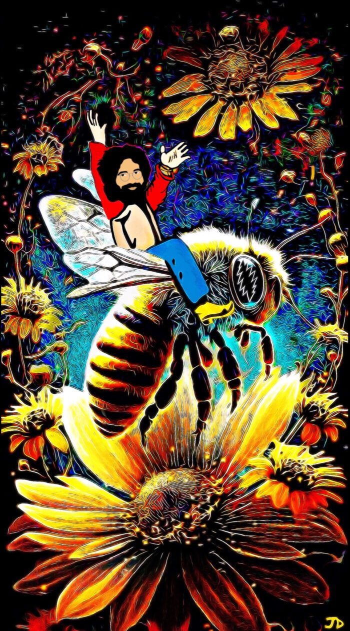 A psychedelic man riding a bee.