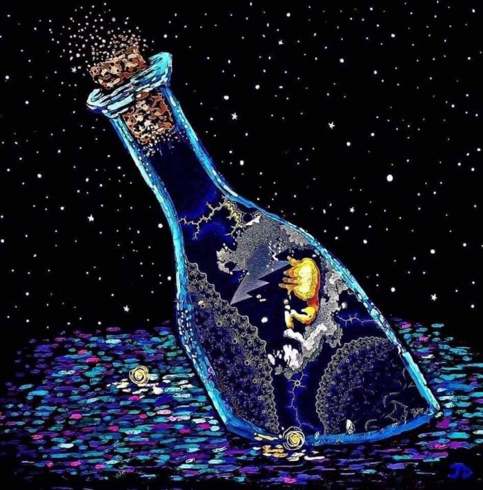 A bottle with a universe inside, floating in space.