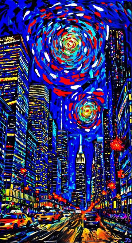 Night cityscape with colorful swirls.