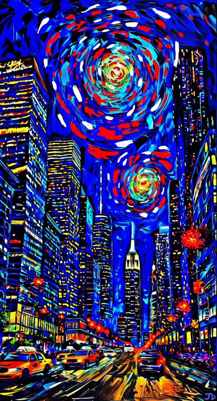 Night cityscape with colorful swirls.