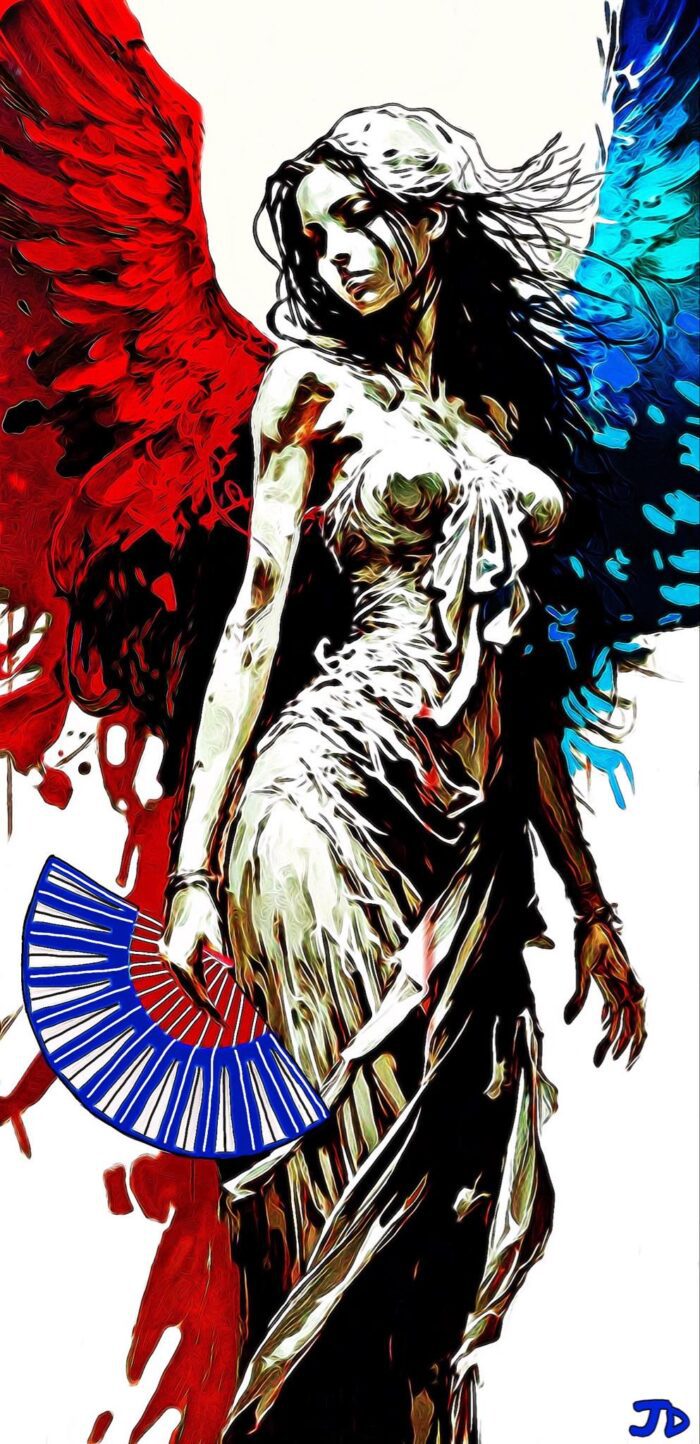 Woman with wings and fan, red blue white colors.