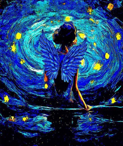 Angel with blue wings in starry sky.