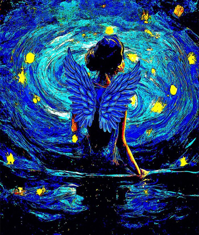 Angel with blue wings in starry sky.