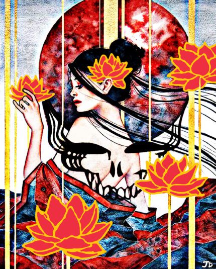 Woman with red lotus flowers and tattoo.