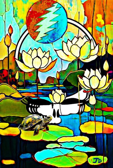 Abstract art with turtle and lilies.