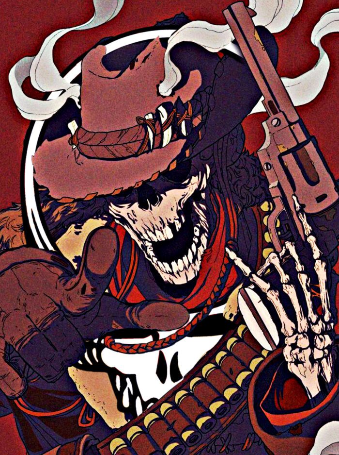 Skeleton cowboy holding a gun.