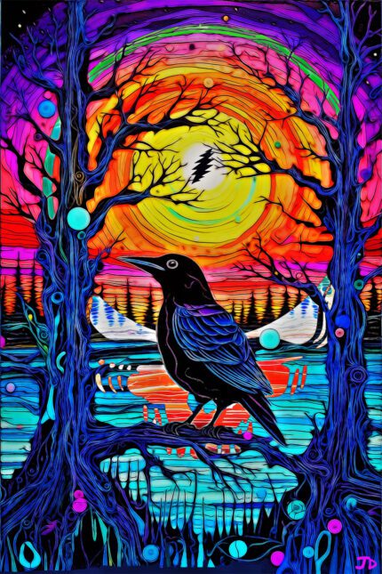 Colorful abstract painting of a crow.