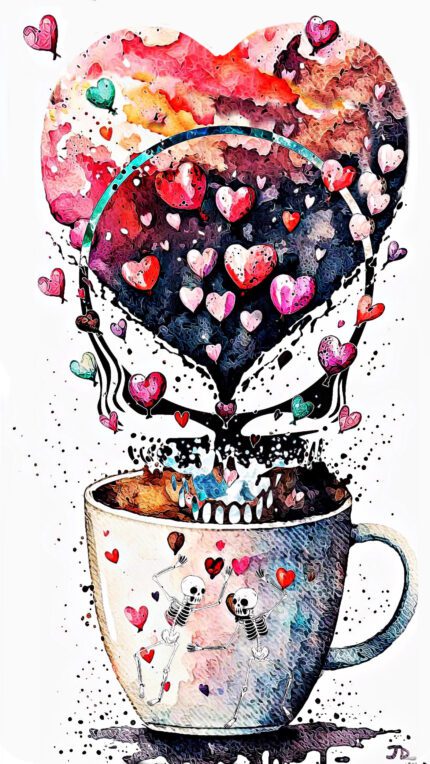 Heart-shaped coffee cup with skeletons dancing.